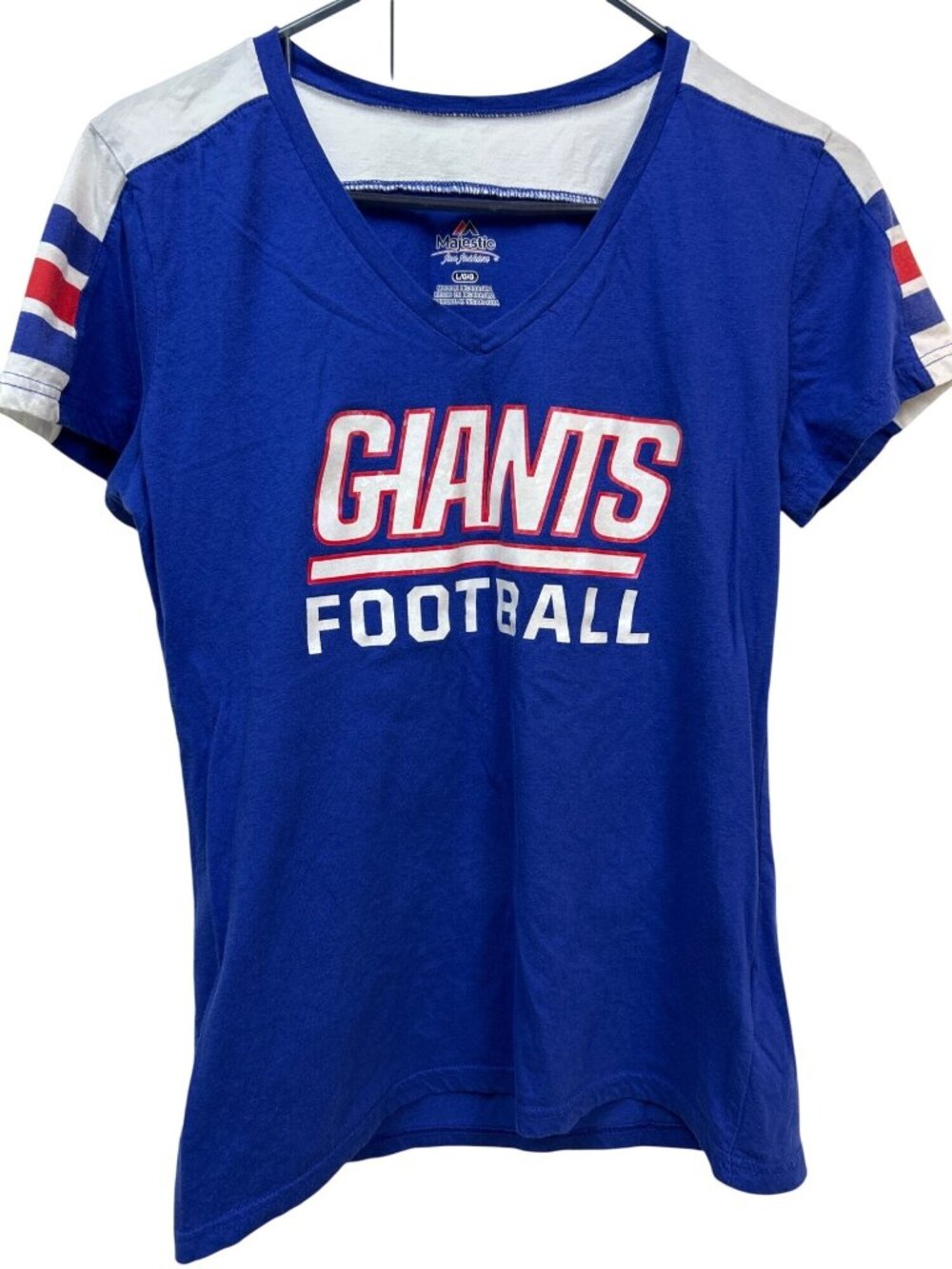 Majestic NFL New York Giants V Neck Tee Women's L Blue Football Shirt